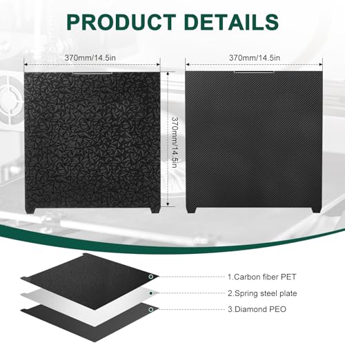 Doppelseitige Textur-Bauplatte für Creality K2 Plus Combo,PEO PET Druckplatte 370x370mm aus Federstahl für perfekte Haftung für PLA,ABS,PETG,TPU,ASA,PC PA,CF und einfache Entnahme