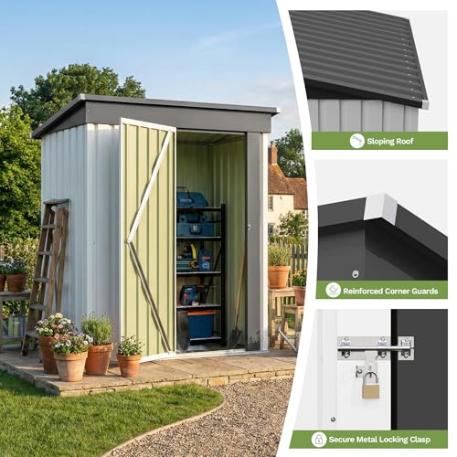 Image of Devoko 5 x 3 FT Storage Sheds with Floor Frame, Waterproof Garden Tool Shed with Lockable Door, Outdoor Metal Small Shed for Backyard Patio Lawn, White
