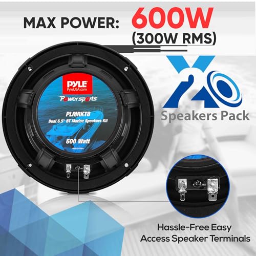 Image of Pyle 6.5'' Dual Marine Speakers Kit - Waterproof-Rated w /Amplified Bluetooth Remote Control Receiver for Powersport Vehicles, IP65 Marine Grade Rating, 600 Watt Max Power PLMRKT8 (Pack of 4)
