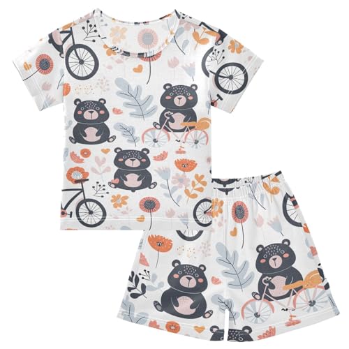 ALAZA Bear Cartoon Flower Floral Pajamas Short Sleeve 2 Piece Sleepwear Top and Bottom Pajama Set Unisex