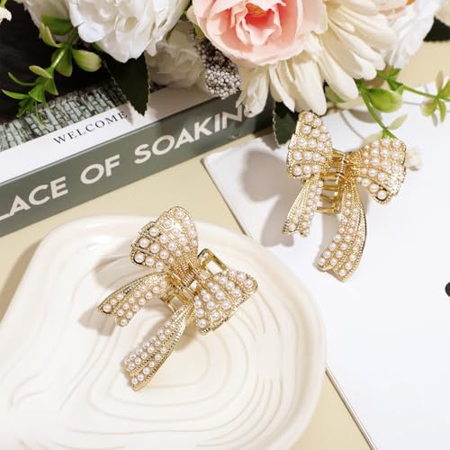 Bow Hair Clips Bow Pearl Claw Clips for Women Small Cute Gold Hair Claw Barrettes Pearl Accessories for Women and Girls Metal Hairclip Non Slip Jaw Hairpins (Pack of 2) - Thumbnail 3