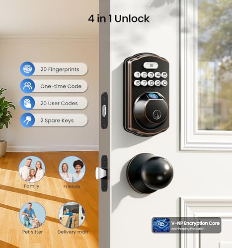 Image of Veise Fingerprint Door Lock with 2 Knobs - Keyless Entry Door Lock with Handle, Electronic Keypad Deadbolt, Smart Front Handle Set, Auto-Locking, Waterproof, Easy Installation, Oil-Rubbed Bronze