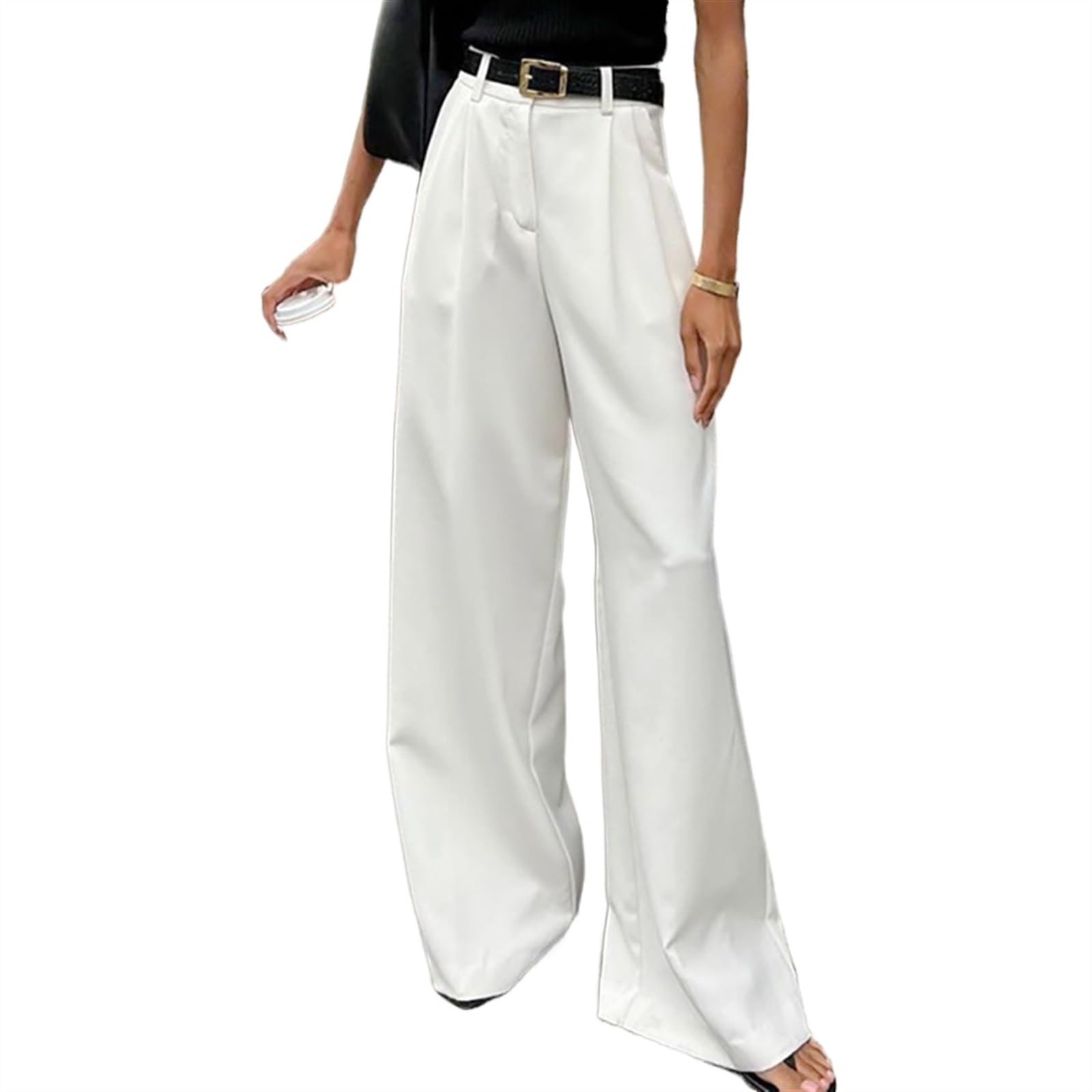 Women Casual Wide Leg Pants Button Down Straight Long Trousers Pants Elastic High Waist Dress Pants for Women