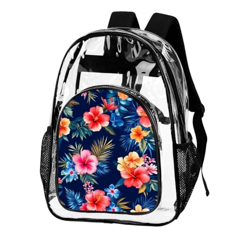 Portable Waterproof Transparent Backpacks Tropical Hawaiian Colorful Hibiscus Flowers with Multi Pockets for Family Picnic, Party, Beach Outing, Casual Daily Use2