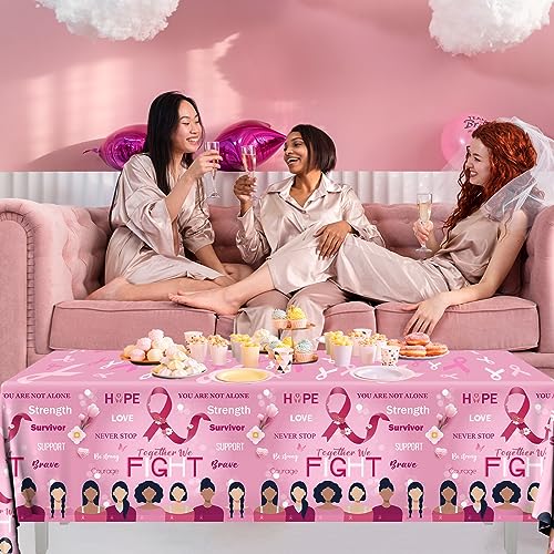 Image of Breast Cancer Table Cloth,3 Pcs Pink Ribbon Awareness Plastic Tablecloths Hope Courage Brave Table Cover for Women Girls Breast Cancer Party Supplies