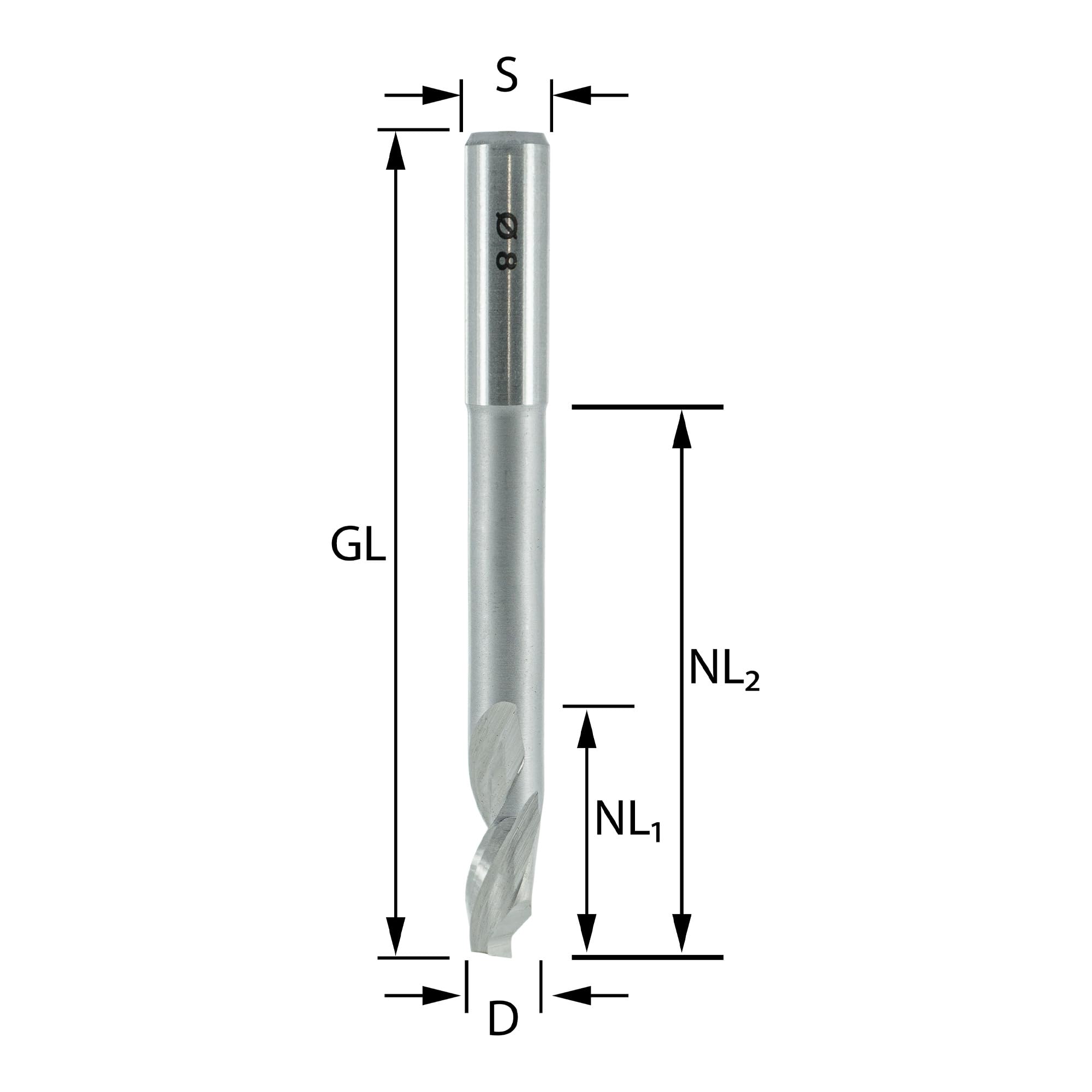 ENT 30021 Spiral-Bohrnutenfräser HS, Schaft (S) 8 mm, Durchmesser (D) 5 mm, NL1 18 mm, NL2 35 mm, Z1, GL 80 mm