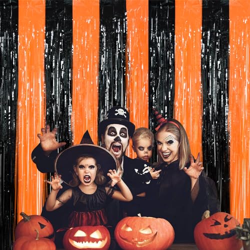 Image of TONIFUL 2Pcs Black Orange Door Streamers,Photo Booth Backdrop Metallic Streamers Foil Fringe Curtains for Birthday,Christmas,New Year,Bachelorette,Halloween Party Streamers Decor(6.6ft x 6.6ft)