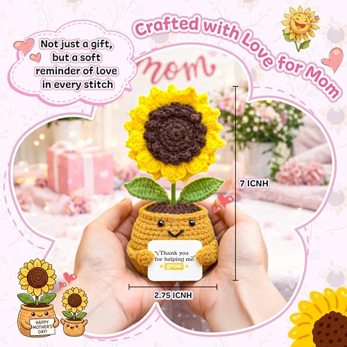Image of Sunflower Gifts for Mom, Emotional Support Crochet Sunflower - Handmade inchThank You for Helping Me Grow inch - Teacher, Mentor, Mom, or Grandma Appreciation, Birthday for Moms