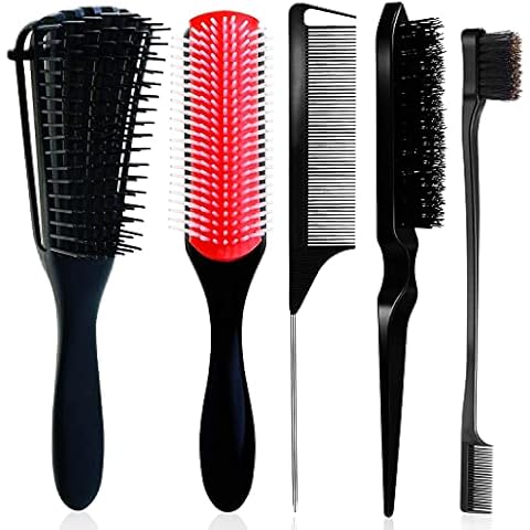5 Pcs Detangling Brush Set Cushion Nylon Bristle Shampoo Brush Dual Edge Brush Teasing Brush Styling Comb (Black-1) Cover