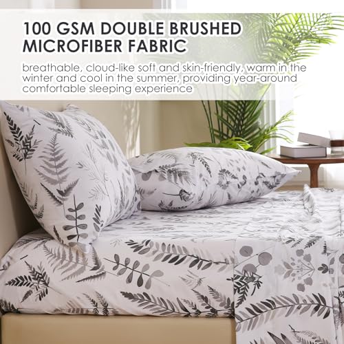 Image of JSD Grey Boho Floral Printed Full Sheet Set 16 inch Deep Pocket | 4 Piece Soft Microfiber Sheets, Watercolor Leaves Ferns Pattern, OEKO-TEX Certified, Easy Care