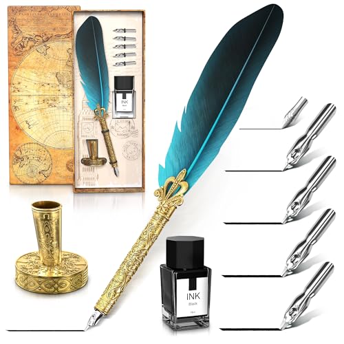 Vintage Feather Quill Pen and Ink Set - Blue Feather Pen and Ink Set, Writing and Drawing Tools with...
