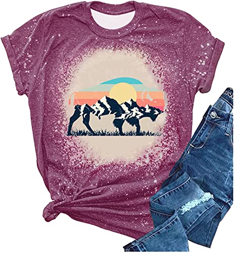 Women sunrise sunset mountain hiking shirts cow print camping cas…