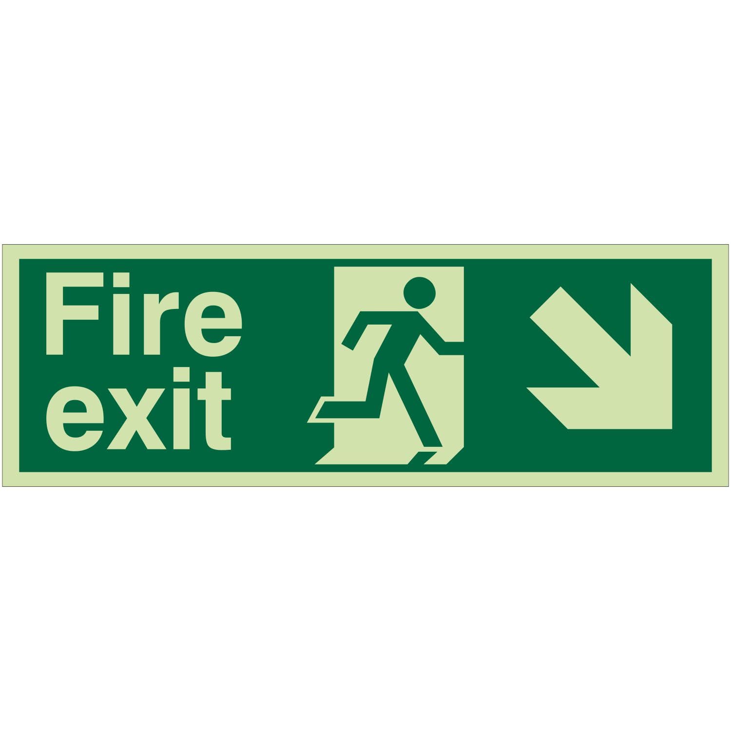 Glow In The Dark Fire Exit Down Right Sign 300mm x 100mm - 1.3mm Photoluminescent Rigid Plastic