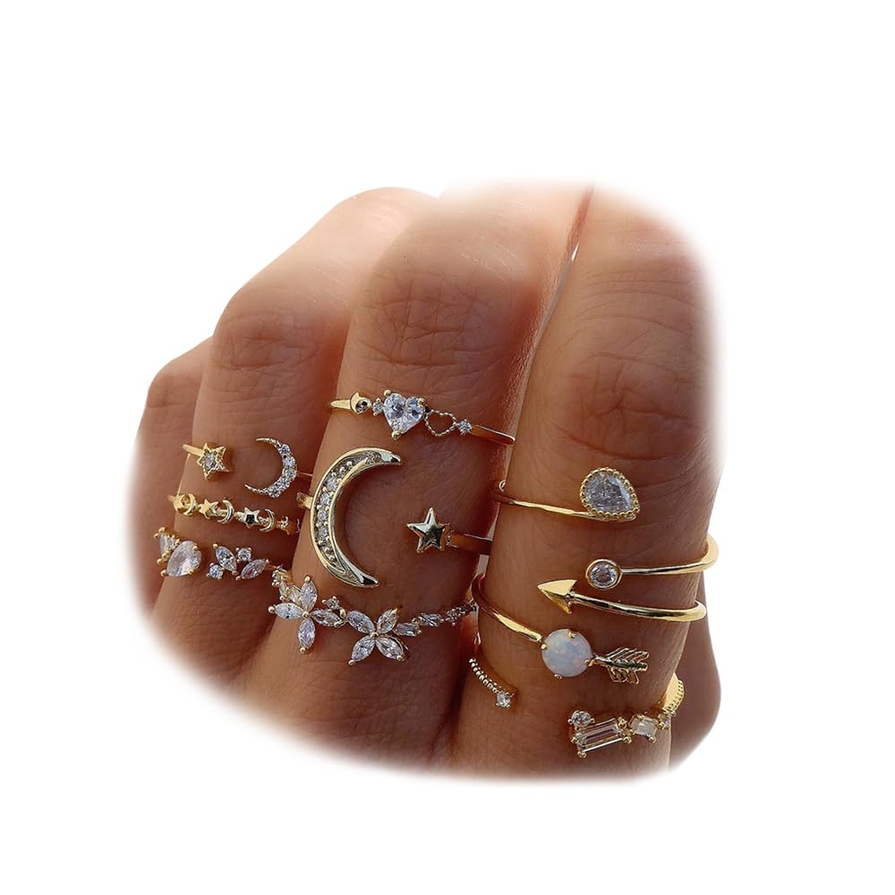 Gold Stackable Moon Star Knuckle Rings Set for Women, Boho Dainty Lightweight Stacking Rings, Vintage Midi Rings Pack, Trendy Jewelry