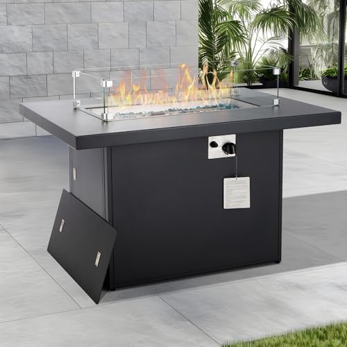 BULEXYARD 43" Aluminum Propane/Natural Gas Fire Pit Table, 60,000 BTU Rectangle Outdoor Patio Firepit Table with Cover, Lid & Wind Guard, Modern CSA-Certified Fireplace for Outside Patio, Dark Grey
