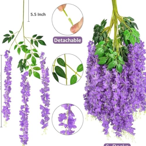 Image of SATYAM KRAFT 6 Pcs (43.2 inch) Artificial Wisteria Vine Garland | Long Silk Hanging Flowers String for Wedding Decoration Items, Shaadi Mandap, Birthday, Festival Event & Home Decor (Dark Purple)