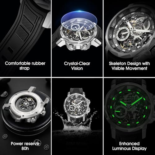 Image of FEICE FM511 Men's Automatic Skeleton Watch, Luxury Sapphire Crystal Glass Blue Dial Luminous Hands, 5ATM Waterproof Sport Wristwatch with Silicone Strap for Men, Casual Mechanical Watches for Men.