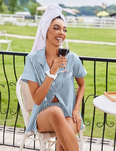 Image of Ekouaer Silk Pajamas for Women Button Down Sleepwear 2 Piece Pjs Shorts Set | Classic Short Sleeve Notch Neck Lounge Set with Pockets,Soft Cute Pj Set,Bridal Gifts,Pajama Party,Maternity Outfits