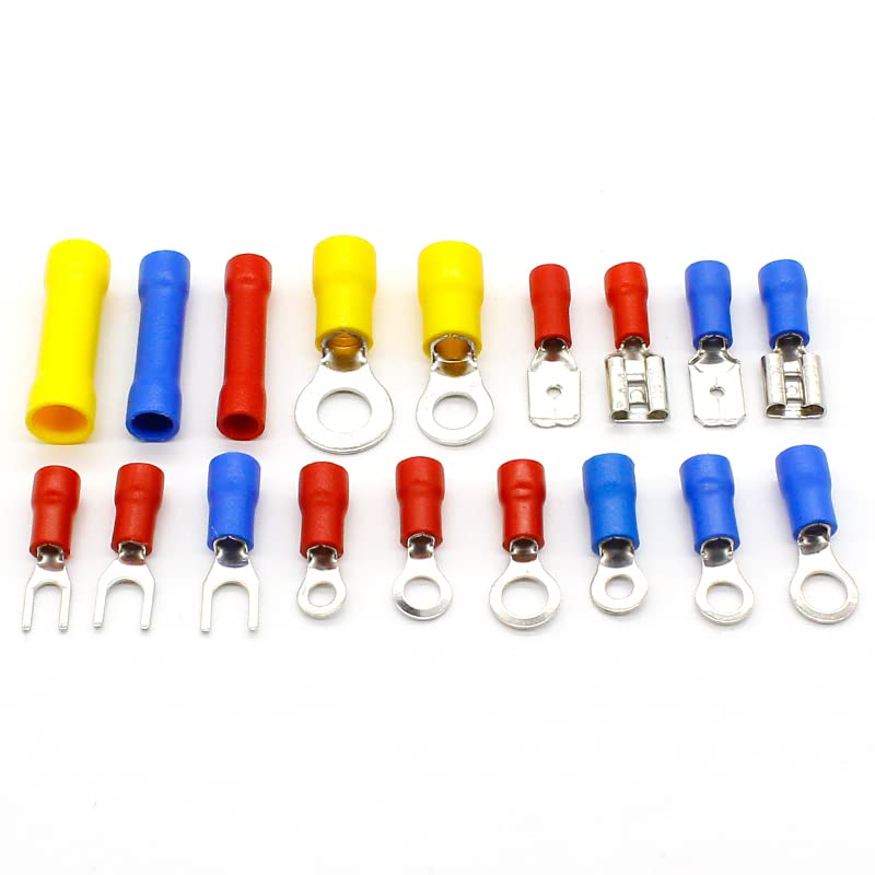 Kit di terminali a crimpare per cavi elettrici da 300 pezzi, connettori a forcella con terminazione isolata, rosso, giallo e blu, set di terminali assortiti.