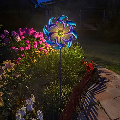 MUMTOP Solar Wind Spinner, 61.41 Inch Multi-Color Seasonal LED Lighting Solar Powered Glass Ball with Kinetic Wind Sculpture Dual Direction for Patio Lawn & Garden