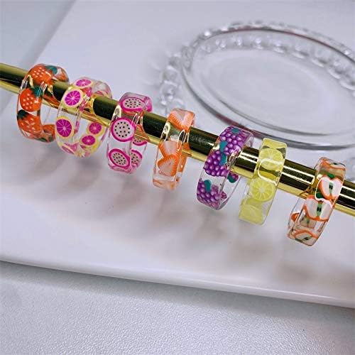 Miniatura 3 de COLORFUL BLING Juego de 6 anillos de resina para frutas Pitaya, fresa, manzana, sandía limón, kiwi, uva de verano, nudillos de acrílico transparente