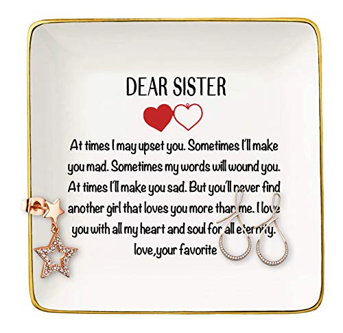 Dear Sister - Ceramic Jewelry Holder Ring Dish Trinket Tray â€“ Christmas Birthday Graduation Gifts for Sister, Soul Sister, Sister in Law,Best Friend,BFF