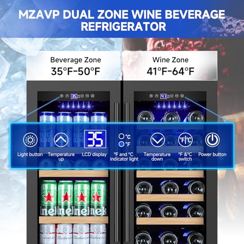Image of 30 Inch Wine and Beverage Refrigerator, Dual Zone 30 inch Wine Fridge Under Counter /Freestanding, 30 Inch Wide Beverage Cooler with Glass Door, Holds 30 Bottles & 110 Cans for Home Bar Office, Black