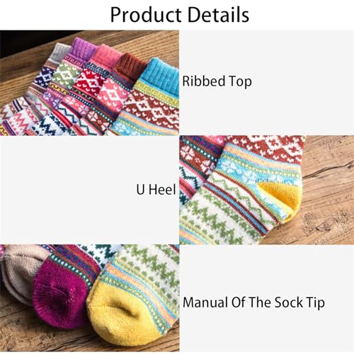 Image of HongLianMeng 5 Pairs Women Winter Warm Thick Soft Cute Vintage Wool Knit Cozy Crew Socks for Women Gifts Christmas Gifts