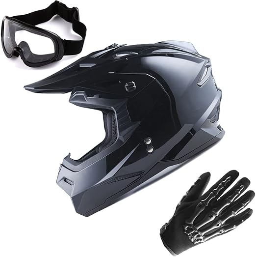 1Storm Motocross Adult Helmet BMX MX ATV Dirt Bike Helmet Glossy Black + Goggles + Skeleton Black Glove Bundle