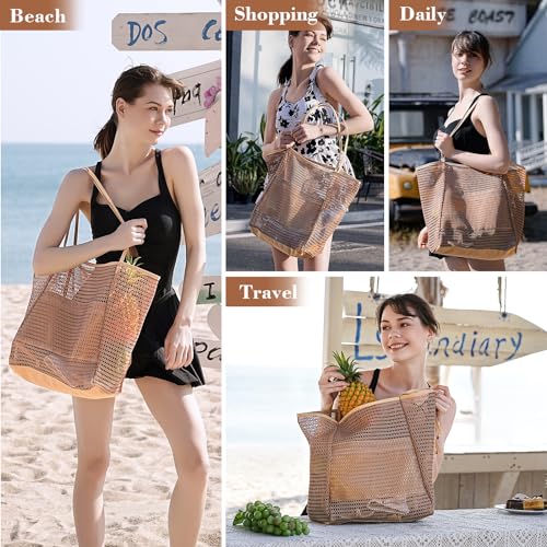Tavaleu Mesh Beach Bag, Beach Bags for Women, Woven Straw Beach Tote Bag Waterproof with Inner Pocket, Packable Beach Bag 7