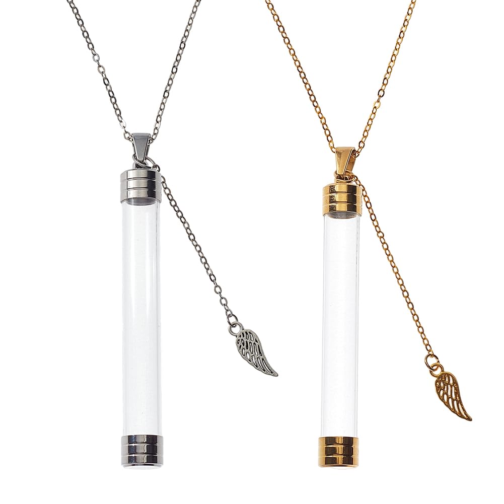 DELORIGIN 2 Colors Column Glass Bottle Pendant Necklaces Cat Whisker Holder Brass Cable Chain Necklaces Jewelry Charm Urn Ashes Memorial Pendant Keepsake for Cat Whiskers Pet or Human