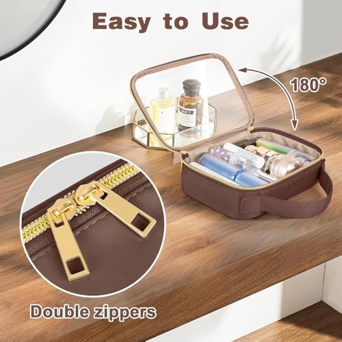 Image of Wedama Clear Toiletry Bag, 2 Pack Clear Makeup Bags with Handles, Large Travel Bags PVC Cosmetic Bag for Women and Men, Carry on Airport Airline Compliant Bag, Brown