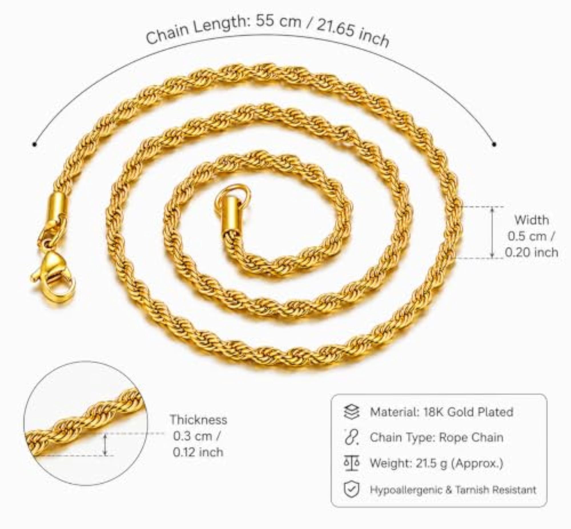 Gold Stainless Steel Rope Chain Necklace for Men