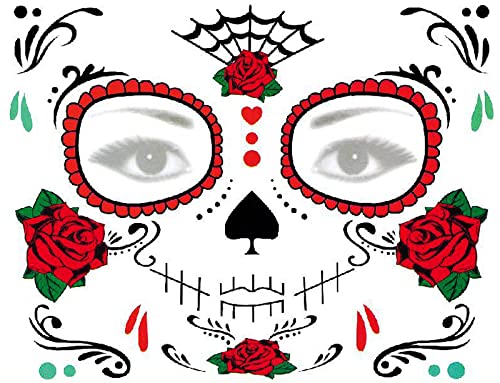 Day of Dead Face Tattoos, 6-Sheet Sugar Skull Tattoos Temporary Stickers and 3-Sheet Fake Floral Black Skeleton Web Full Face Mask Tattoo for Women Girls Kids Holloween Face Makeup - Image 6