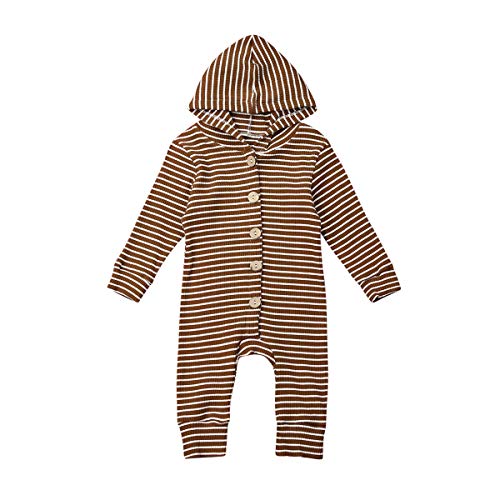 Infant Baby Clothes Unisex Knited Romper Solid Color Hoodie Jumpsuit One Piece Outfits, Boy Girl Basic Clothes (6-12 Months, Coffe Striped)