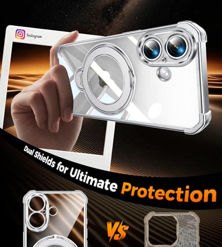 Image of Soft Case for iPhone 16 with 360 Rotating Magnetic Stand, Compatible with Mag-Safe, 4X MIL-Drop Protection, Lightweight Glossy Anti-Yellowing Clear Back Phone Cover for iPhone 16, Silver