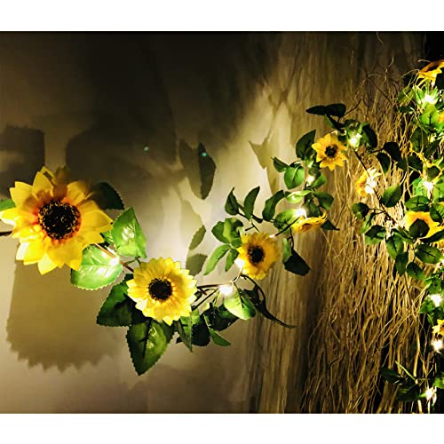 Image of Fielegen 20 LED Artificial Sunflower Garland String Lights, 6.56ft Silk Sunflower Vines with 9 Flower Heads Battery Powered Fairy String Lights for Indoor Bedroom Home Garden Party Wedding Decor
