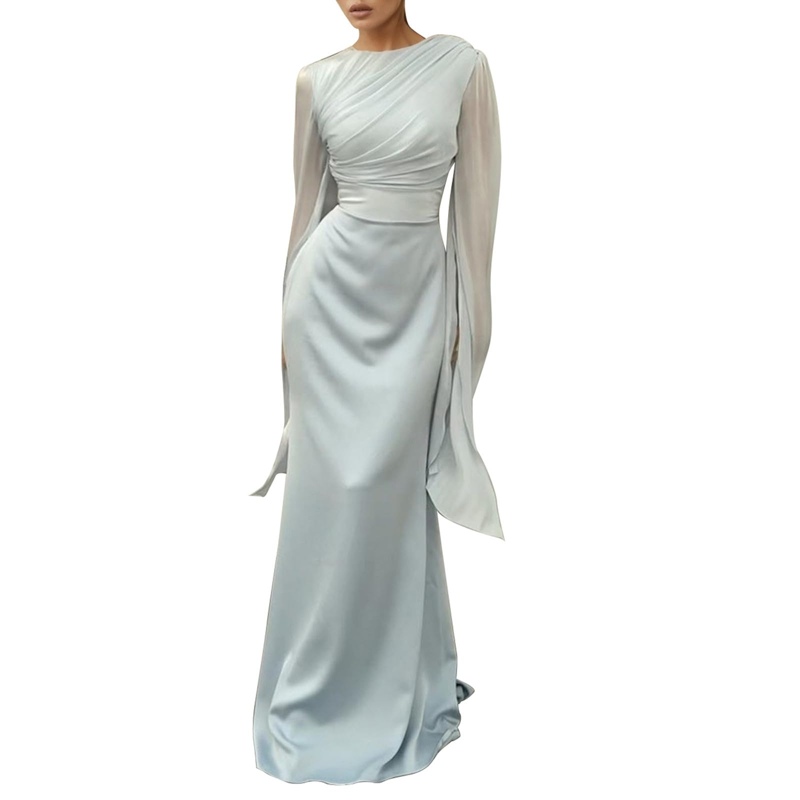 Générique 2027 Robe de soirée élégante en Satin à Manches Longues et col Rond pour Femme, Tenue de soirée, de Mariage, de Cocktail, de Couleur Unie, pour Le Printemps, l'été et l'automne