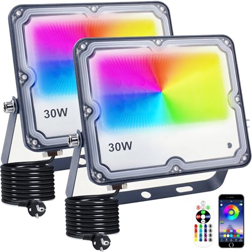 Indmird Foco Led RGB 30W Focos LED Exterior con Control Remoto IP66 Impermeable 16 Millones de Colores 28 Modos Proyector LED RGB Exterior Para Jardín Patio Pasillo Garaje Terraza Navidad