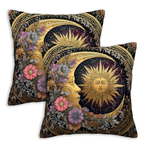 FexNuvko Sun and Moon Throw Pillow Covers 18x18 Set of 2 | Celestial Cushion Covers | Vintage Boho Decorative Pillowcase for Sofa Couch Living Room Bedroom | Astrology Aesthetic Home Decor