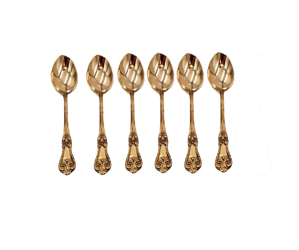 BONA FIDE - Unit of signature metal exports Brass Spoon Set 6 Dinner Spoon Embossed Design Brass Spoon Small for Pooja