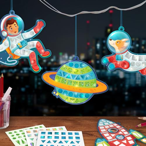 Image of Imagimake Mirror Mosaic Space | DIY Return Gift | Craft Kit | Age 3+ | Mirror mosaic art kit: 5 templates & 450+ shiny, sparkly & rainbow foil stickers; peel & stick Space art