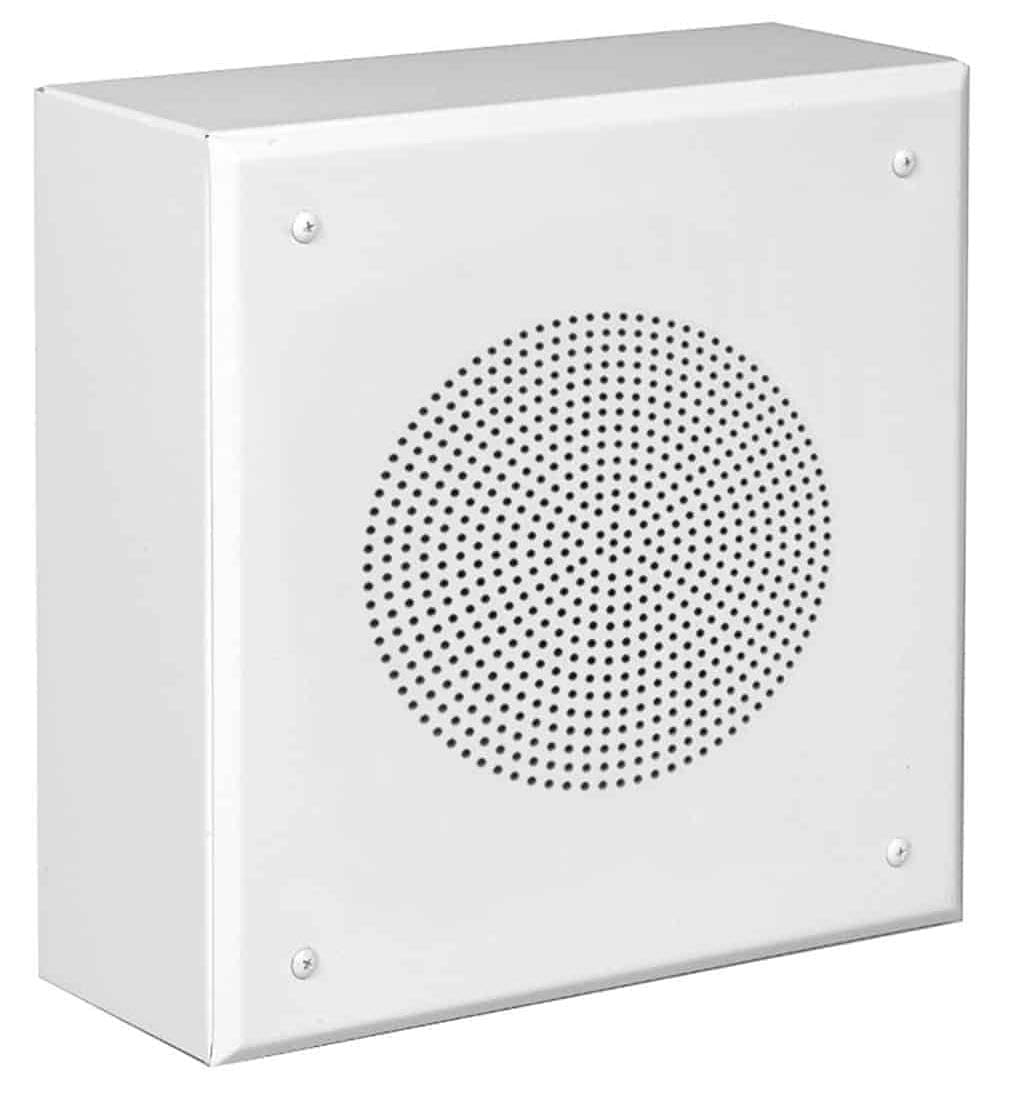 Lowell DSQ-8 Baffle for 8-Inch Speaker; Steel with Beveled Edge; Steel Grille; White Finish; Knockouts for 500 Series Wiremold on Top and Bottom; Universal Mounting Hole Pattern (Rear)