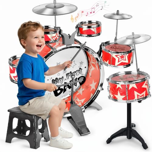 NIERBO Juego de Batería para Niños, 6 Tambores con Taburete Y Baquetas, Juego De Rock Jazz Instrumentos...