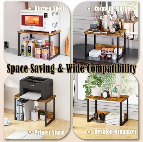 Image of Microwave Oven Stand with Storage Shelf | Rustic Brown Metal & Wood Kitchen Rack | Countertop Organizer for Microwave, Toaster & Coffee Maker (17 x 12.4 x 12 Inch)