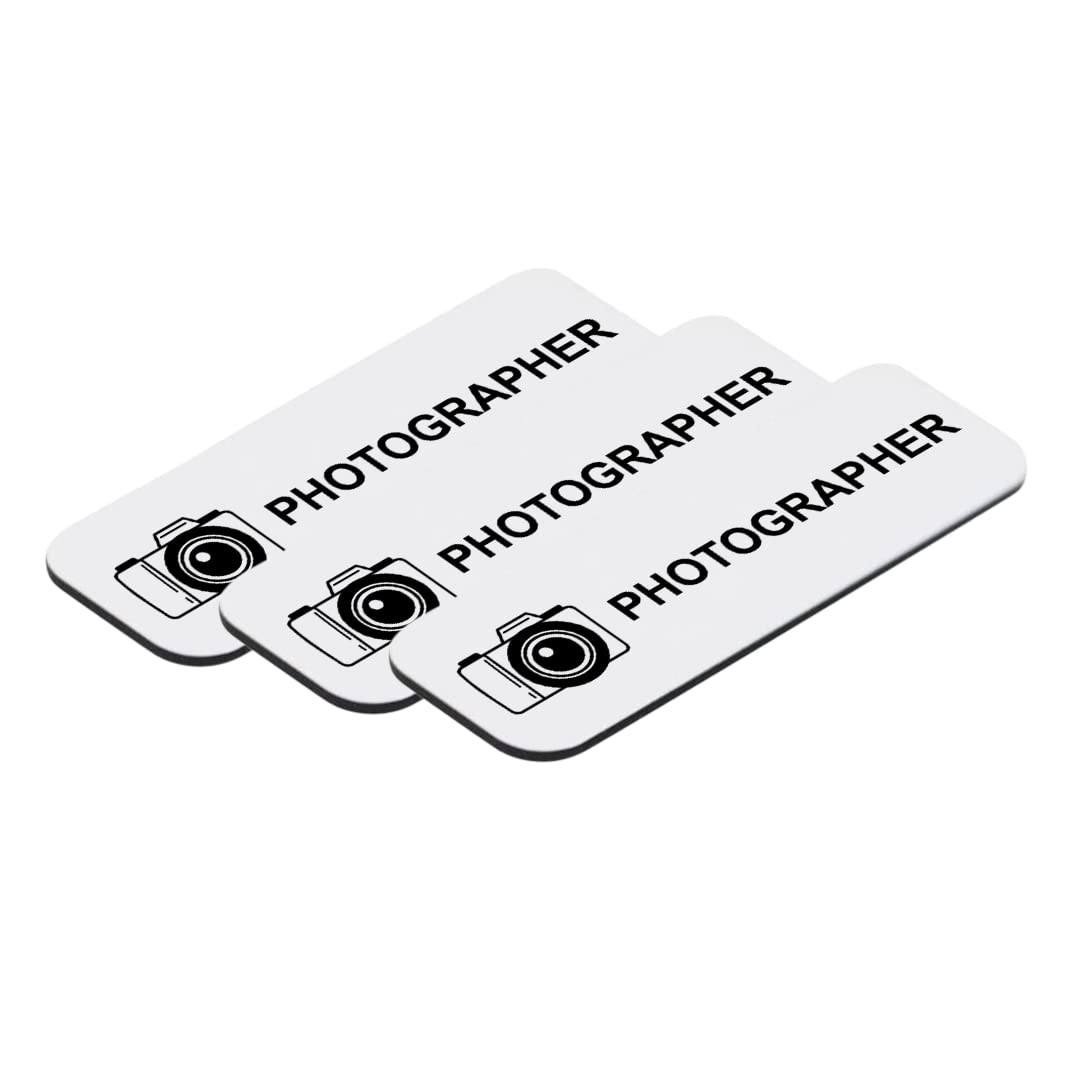 Photographer Name Tags - 1x3 Inch, White With Black Text, 3 Pack | Pin Fastener Included
