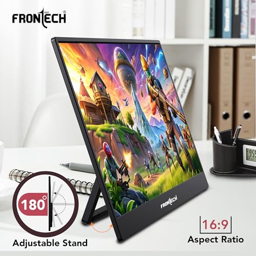 Image of FRONTECH 15.6 inch Portable LED Monitor, Full HD IPS, Dual Type-C & Mini HDMI, Built-in Speakers, 180 Stand, Works with Laptop /PS5 /Switch /Phone, 1-Year Warranty (MON-0023)