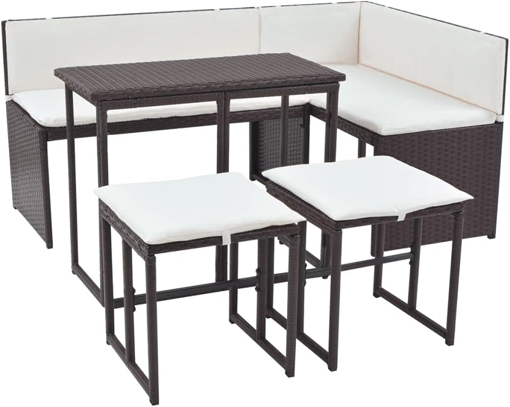 vidaXL Patio Dining Set 5 Piece, Outdoor Dining Table Set with Cushions, Rattan Chairs and Folding Table with Steel Frame, Wicker Furniture Set, Poly Rattan Brown