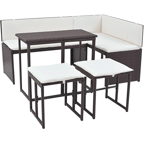 vidaXL 5-Piece Patio Dining Set, Outdoor Lounge Set with Steel Frame and Poly Rattan in Brown – Includes 2-Seater Sofa, Corner Sofa, Folding Table, Stools, and Cushions
