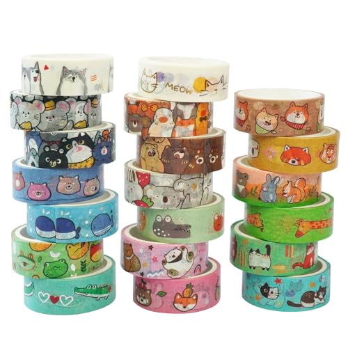 Baijixin 20 Rolls Cute Animals Washi Tape Set Gold Silver Foil Cartoon Pets Decorative Tape for Bullet Journal Planner DIY Arts Crafts Scrapbooking Holiday Decoration